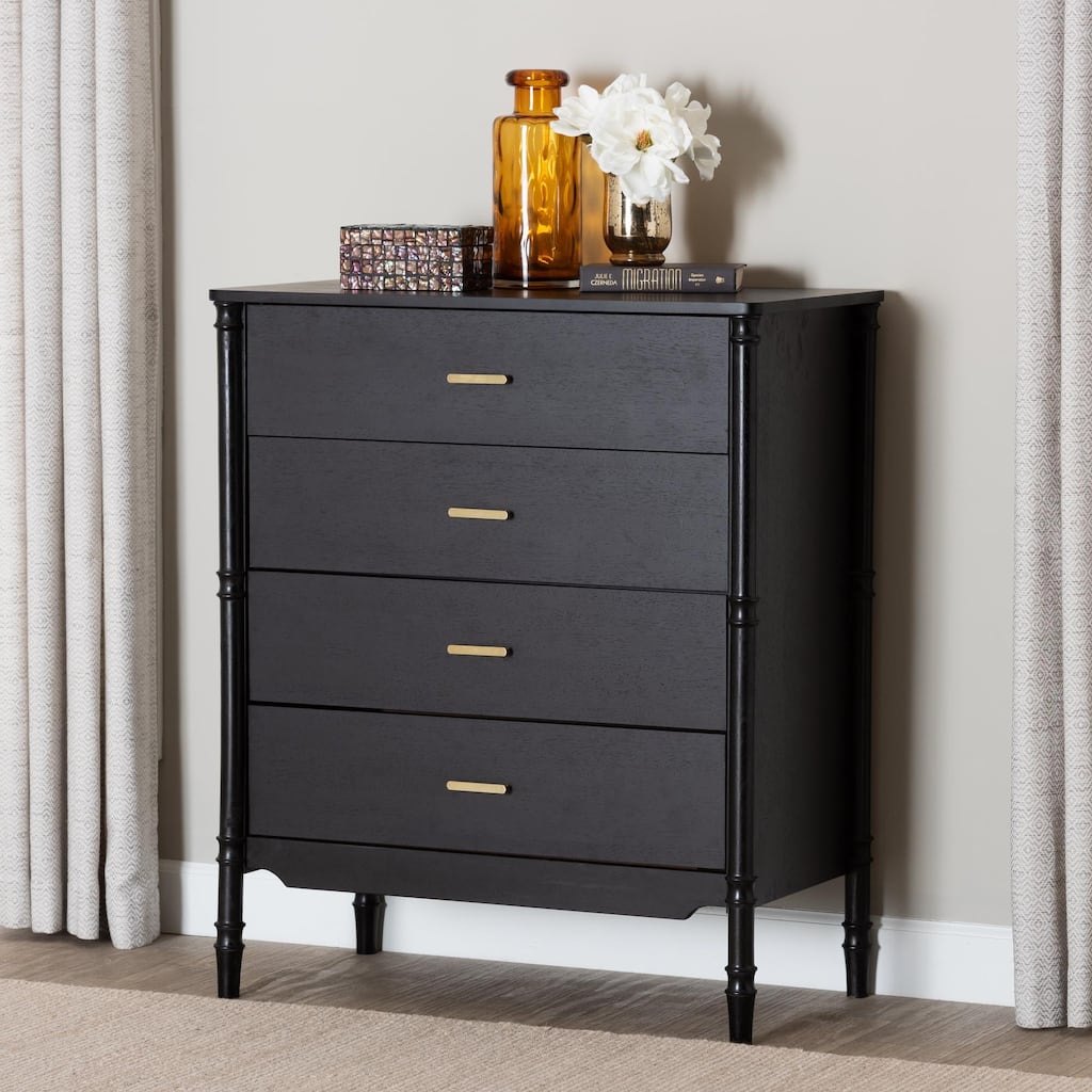 Marisela Black Wood Chest of Drawers with Gold Handles - 4-Drawer Dresser with Bamboo-Inspired Legs, Modern Transitional Accent