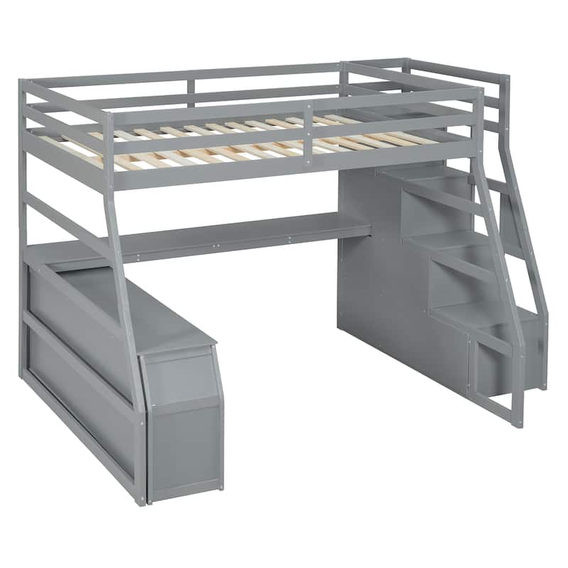 Gray Full Size Wood Loft Bed with Drawers, Shelves, Ladder, and Desk