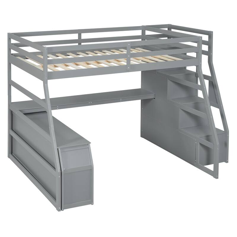 Wood Loft with Built-in Desk, 7 Drawers & 2 Shelves - Full Size for Kids