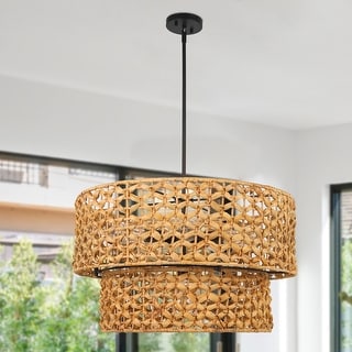 Ravy Farmhouse 6-Light Drum Rattan Chandelier Coastal Natural Pendant Light for Kitchen Dining Room - D 26" x H 15.7"