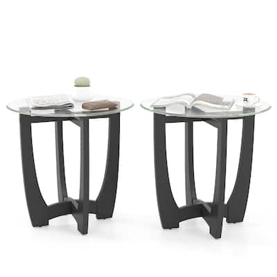 Gymax 2PCS 23.5'' Round End Table w/Glass Tabletop Cross-shaped Solid