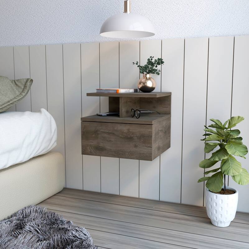 Floating Nightstand Flopini, One Drawer, Dark Walnut Finish,High quality and durable