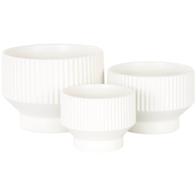 Green, Cream or White Ceramic Wide Planter with Linear Grooves and Tapered Bases (Set of 3)