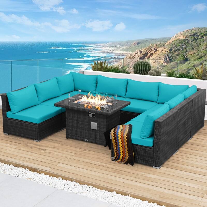 FINCATI Outdoor High-back Wicker Patio Sectional Set, 500 lbs Luxury Oversized Conversation Set, Spacious Couch Set - 260100 - Teal