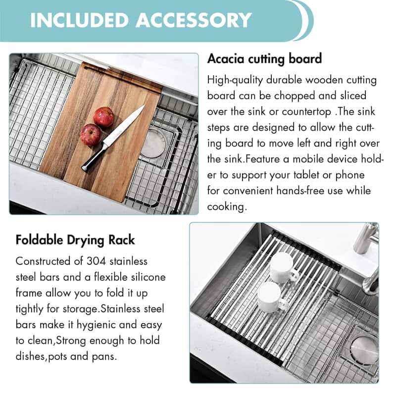 32 Inch Stainless Steel Single Bowl Undermount Double Ledges Workstation Kitchen Sink With Sliding Accessories