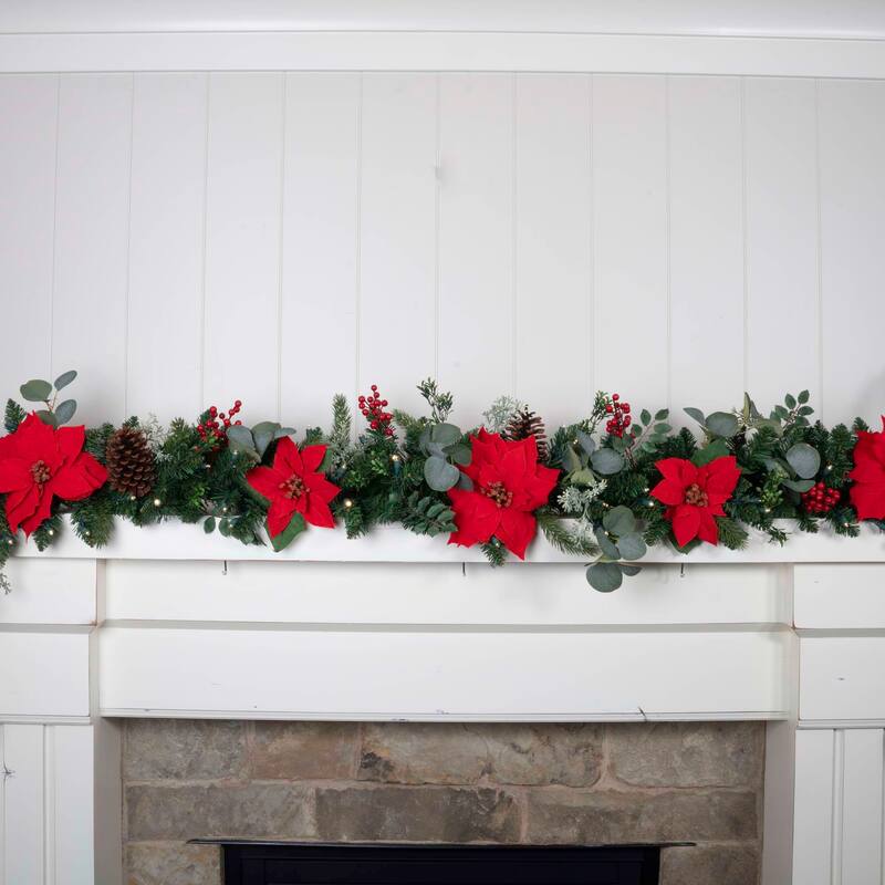 9 ft. Artificial Christmas Garland with Lights - Christmas Poinsettia - 9 Foot