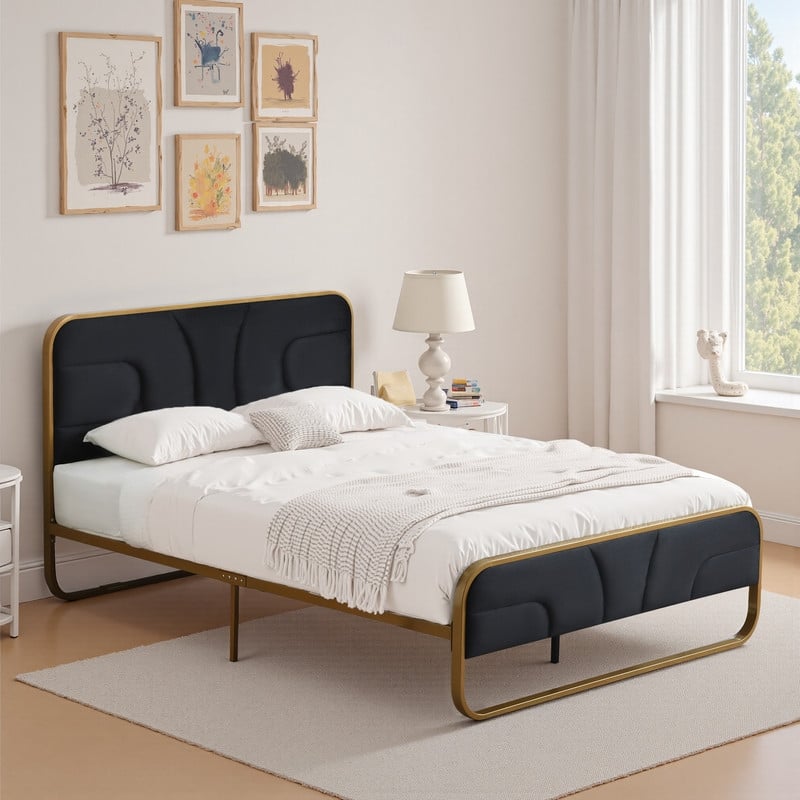 Modern Velvet Platform Bed - Black - Full