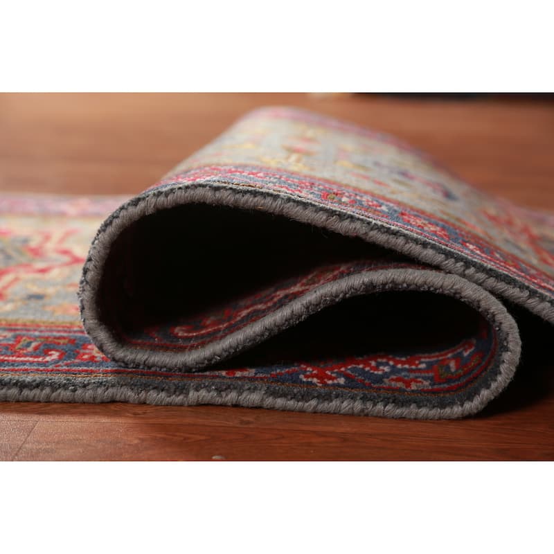 Hand Knotted Oriental 100% Wool Carpet Traditional Geometric Greys & Charcoal Heriz (serapi) Runner Rug - 7' 11'' X 2' 7''