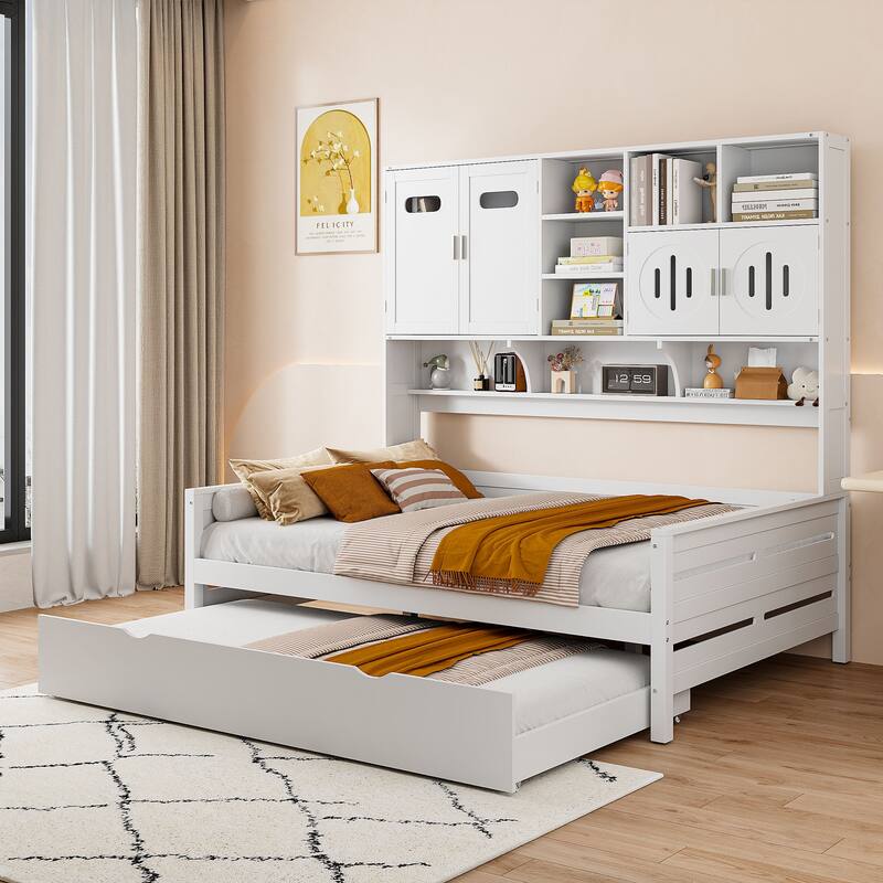 Space-Saving Full Size Daybed with Twin Trundle, Wooden Platform Bed Frame with All-in-One Cabinet & Shelf, No Box Spring Needed