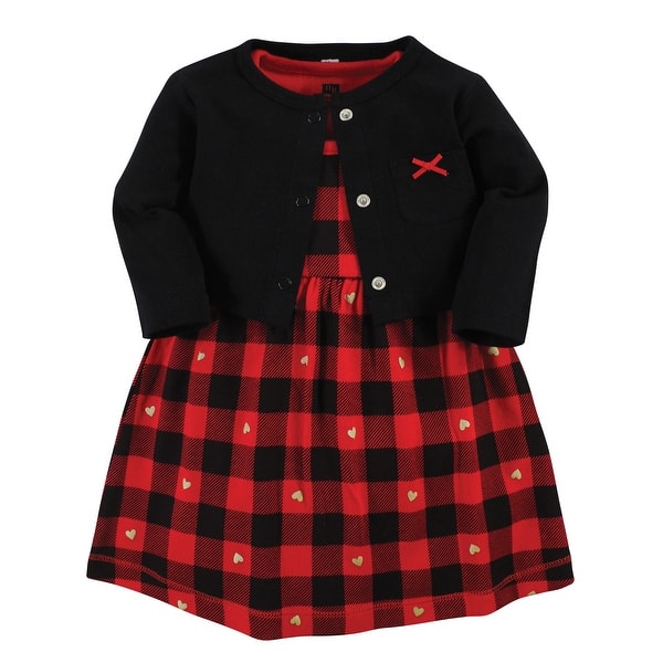slide 1 of 1, Hudson Baby Baby Girls Cotton Dress and Cardigan Set, Gold Heart Buffalo Plaid 0-3 Months - Gold Heart Buffalo Plaid