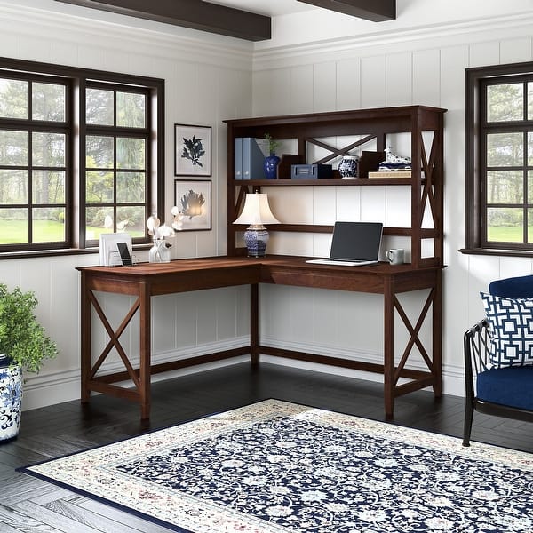 slide 1 of 72, Key West 60W L Shaped Desk with Hutch by Bush Furniture Bing Cherry