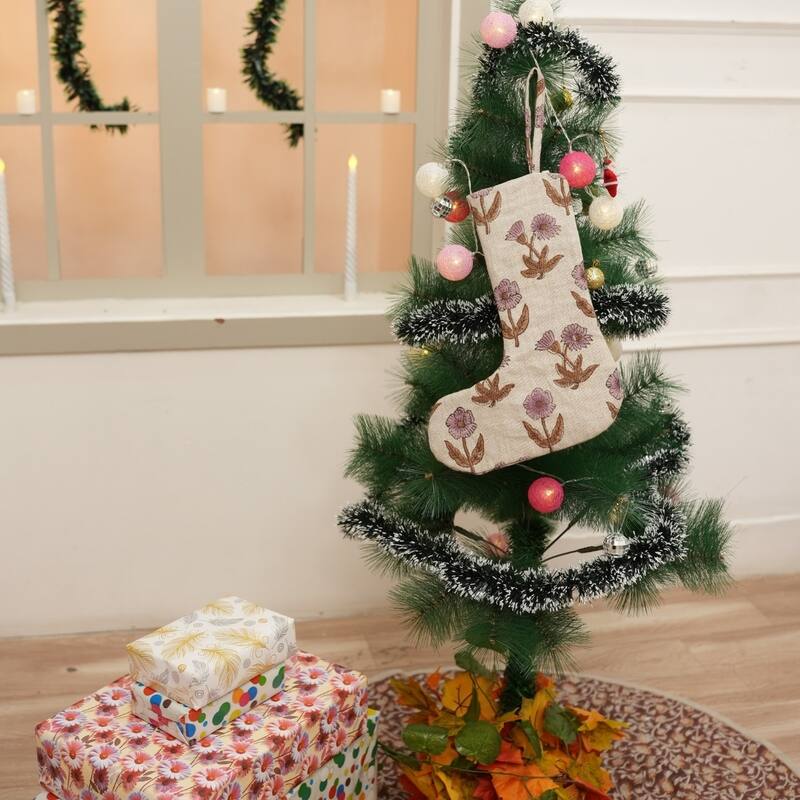 Fabdivine Hand Block Floral Print Christmas Knit Stockings, Home Decorative Gift Use - 16"X6.5"