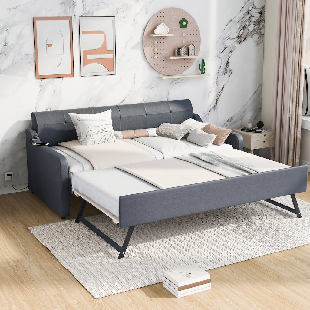 Twin Size Upholstery DayBed with Trundle and USB Charging Design, Trundle can be flat or erected, Gray