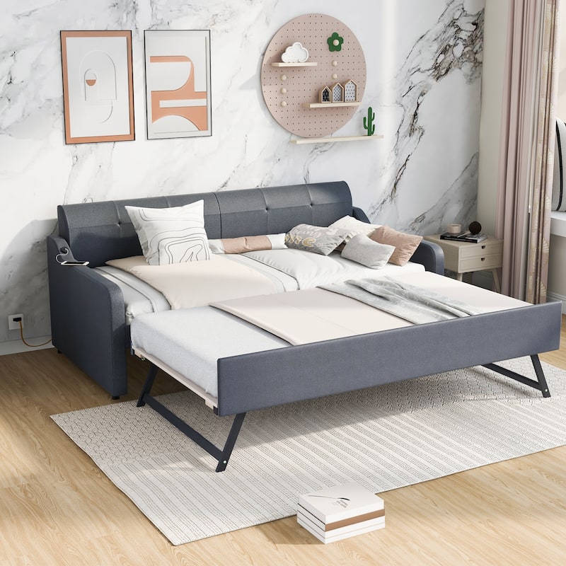 Upholstery DayBed with Pull-out Trundle Bed and USB Charging Design, Wooden Twin Size Bed Frame with Backrest & Wavy Armrests