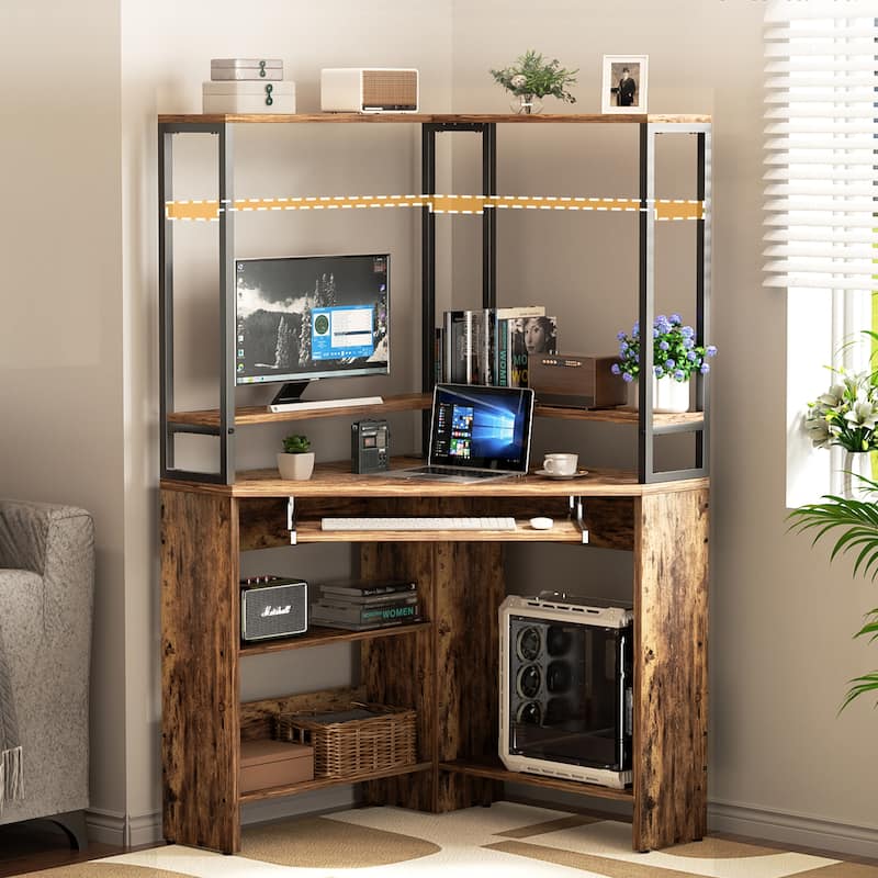 29.5'' W Triangle Corner Computer Desk with Keyboard Tray and Hutch, Sturdy Corner Table with LED Lights and Power Outlets - Rustic Brown