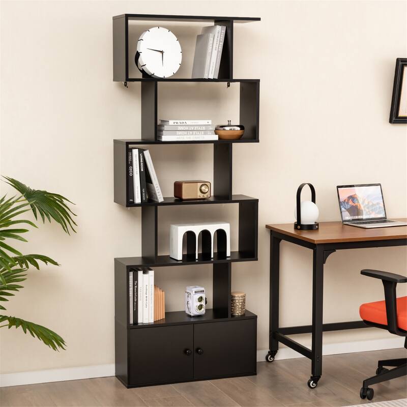 Gymax 2PCS 6-Tier Shaped Bookshelf w/ Cabinet 6-Tier Tall Bookcase w/