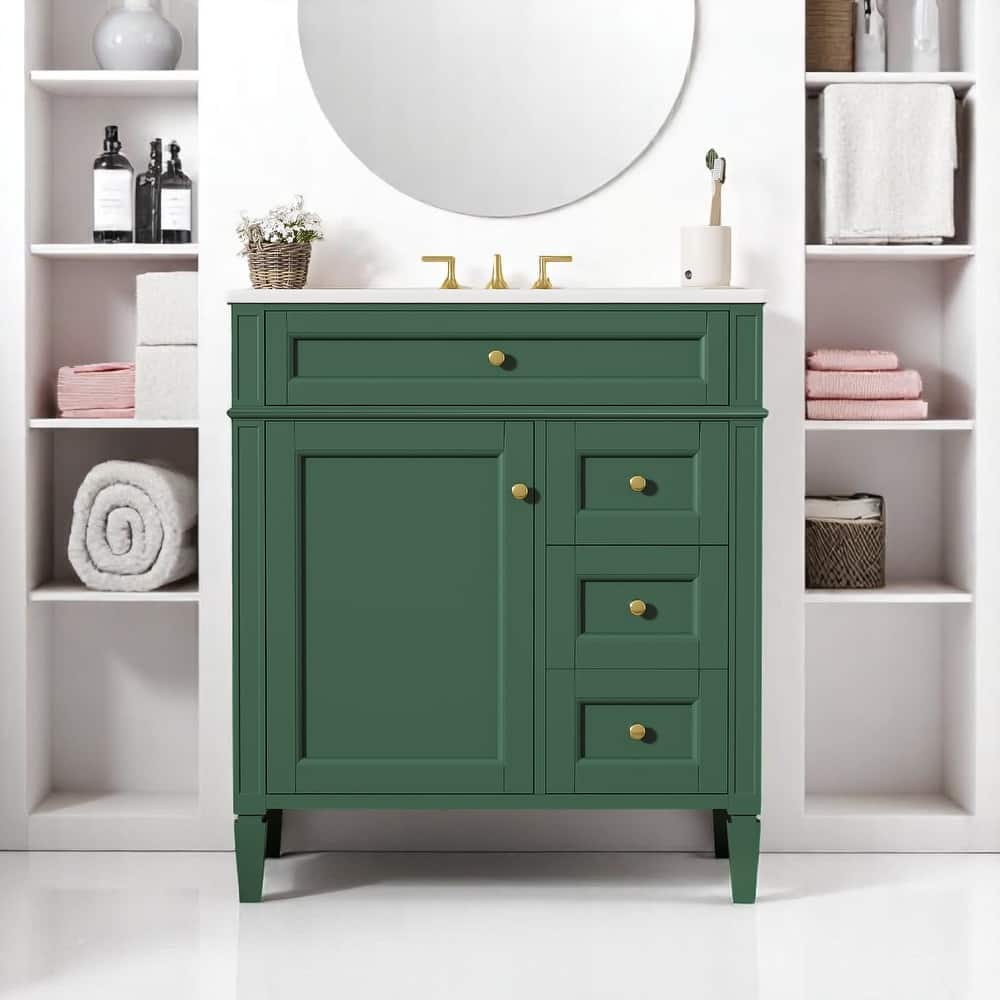 30 Inch Bathroom Vanity with Ceramic Top, 2 Storage Drawers, Tip-Out Tray, Solid Wood Frame Cabinet