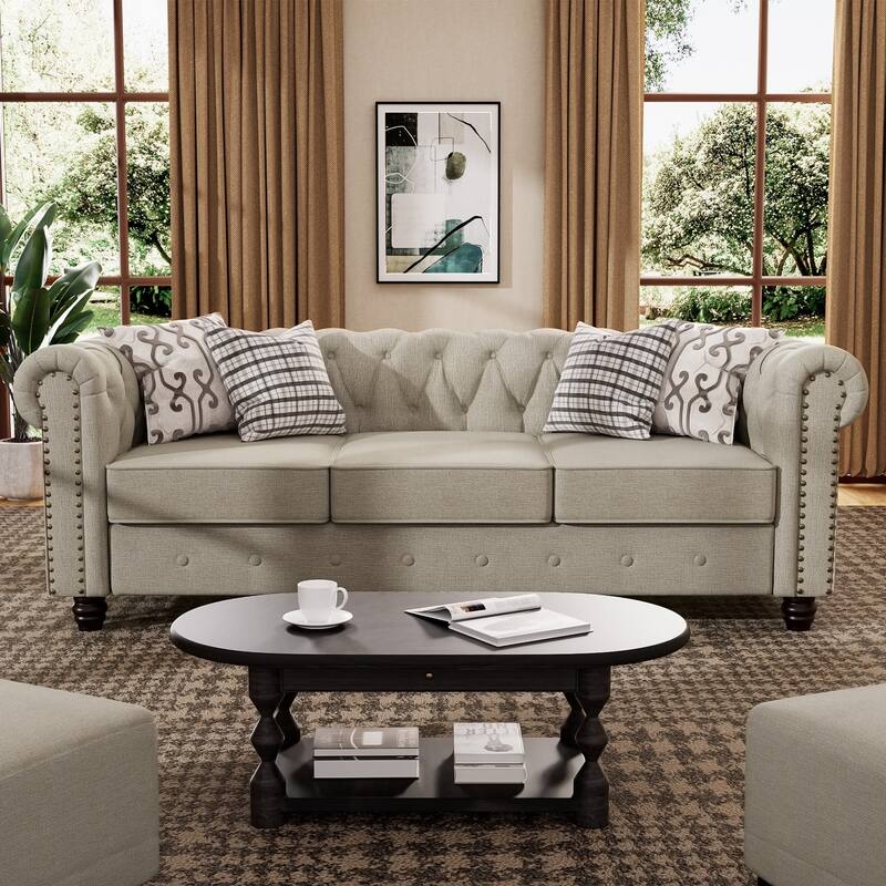 Morden Fort Button Upholstered Chesterfield Set Chair, Loveseat ,Sofa 3 PCS for Living Room,Linen,Solid Wood Legs