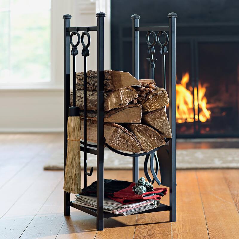 Wood Rack With Fireplace Tools - Black
