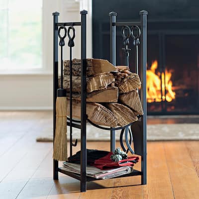 Wood Rack With Fireplace Tools - Black
