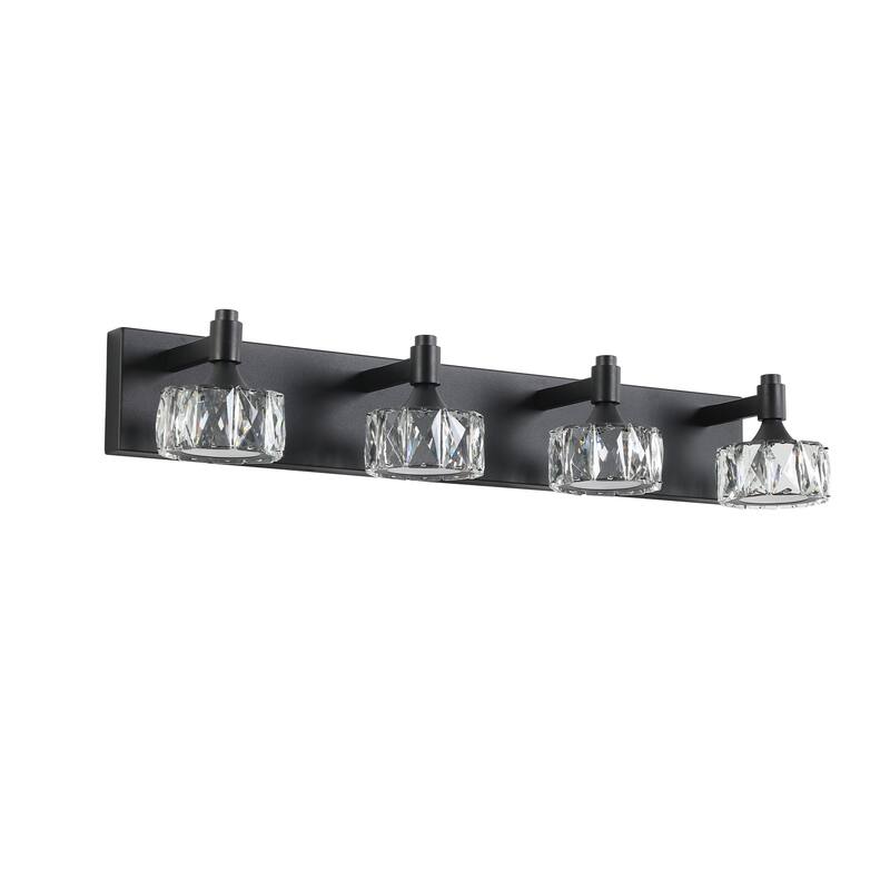 Modern 4-Light Matte Black LED Vanity Light Fixture with Crystal Glass Shades, Bathroom Wall Sconce