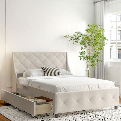 LED Queen Size Bed Frame with Storage Headboard, Metal Platform with Noise-Free Design, No Box Spring Required