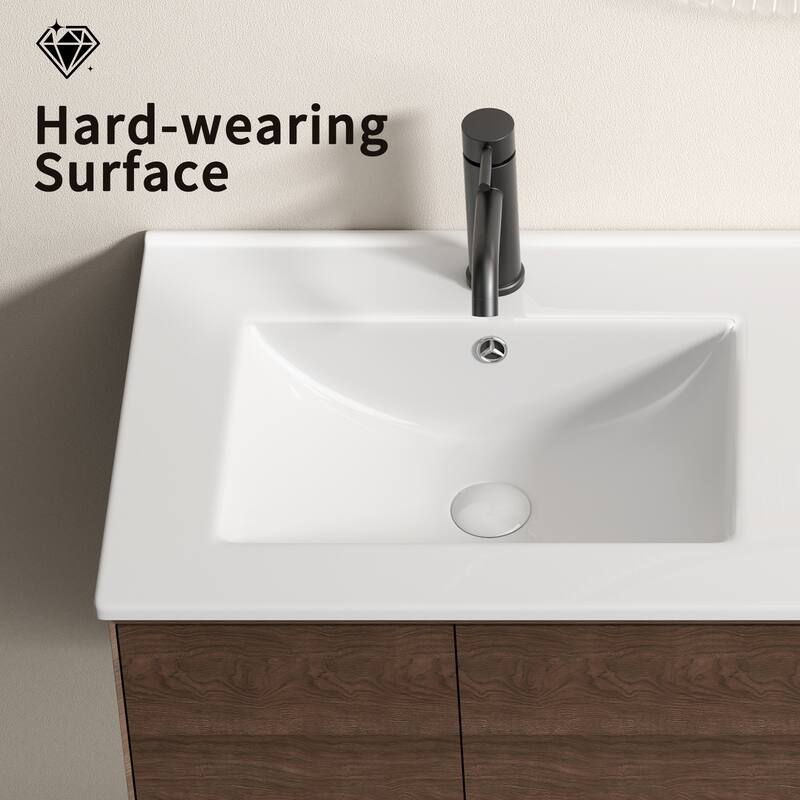 Double Bowl Ceramic Bathroom Sink - Thin Edge Vanity Basin, Dual Countertop Porcelain Wash Basin for Bathroom