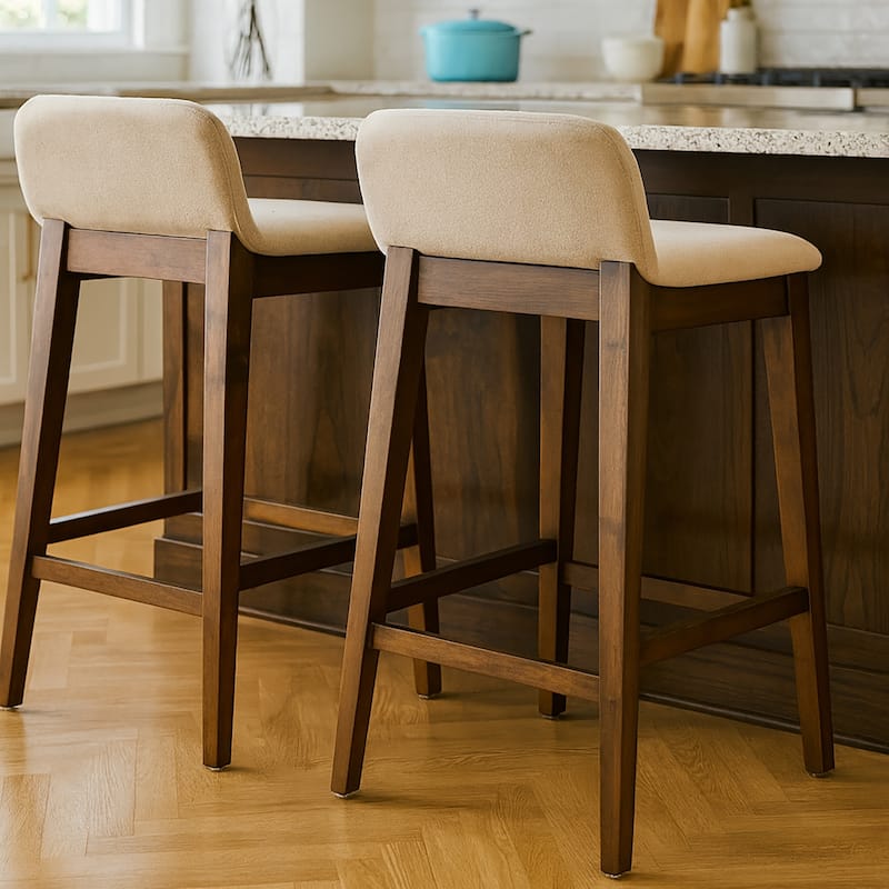 Set of 2 Atia Dark Brown Rubberwood Barstool with Low Back Fabric Seat
