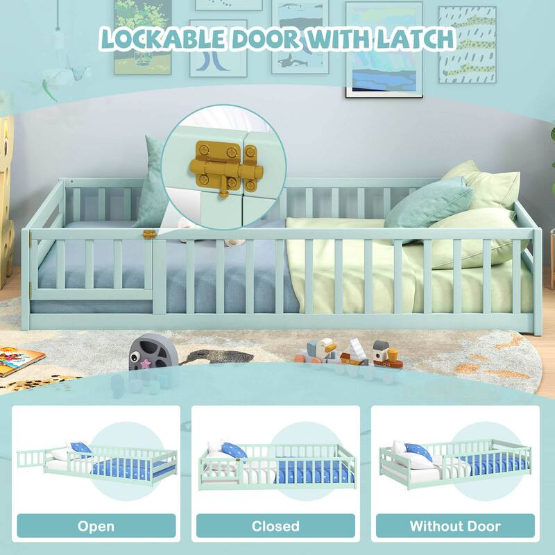Costway Twin Size Floor Bed with Door & Fence with Safety Guardrails &