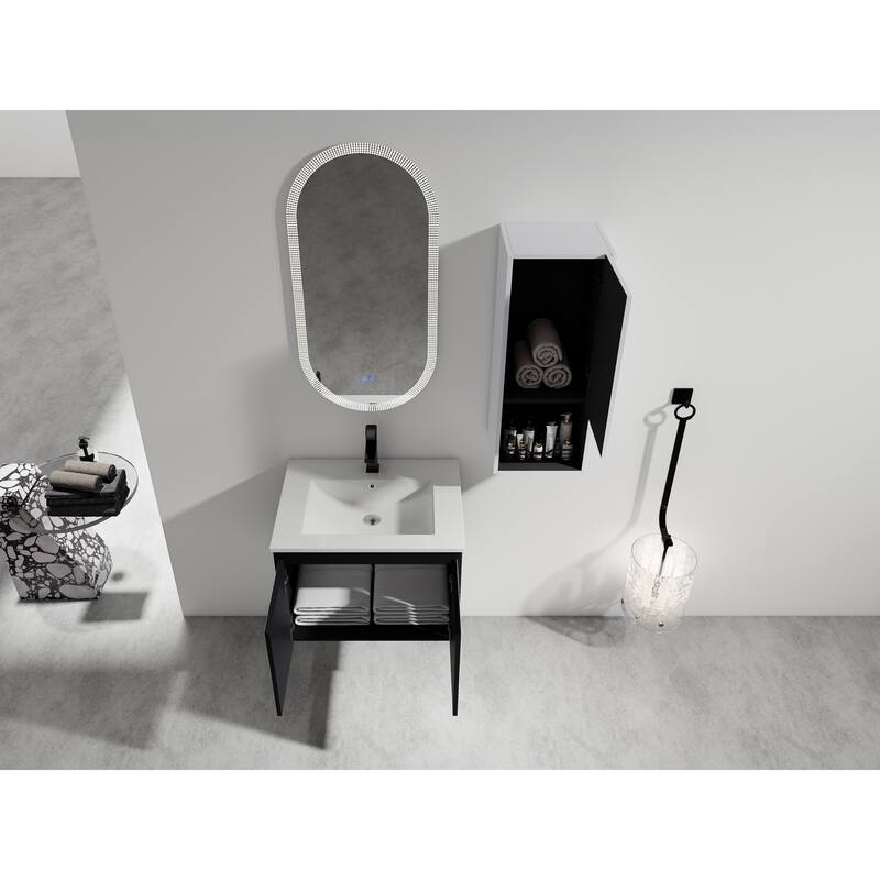 24" Wall-Mounted Bathroom Vanity with Ceramic Sink and Soft-Close Doors, Side Cabinet for Extra Storage
