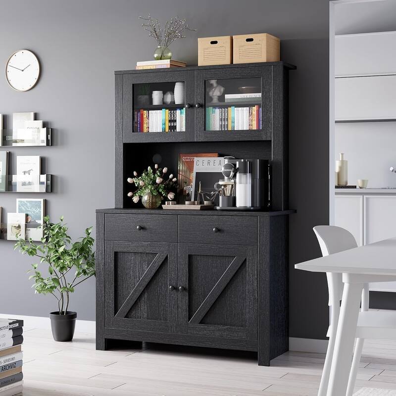 Freestanding Kitchen Pantry Cabinet with Microwave Stand & Buffet Cupboard, Adjustable Shelves for Dining Room