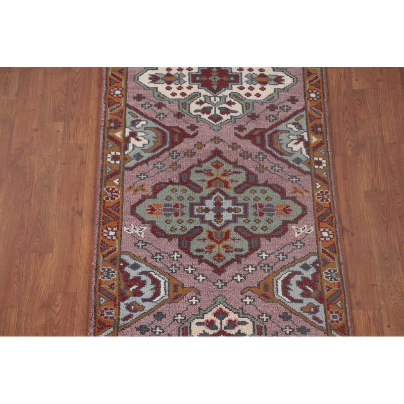 Geometric Purple Kazak Oriental Runner Rug Handmade Wool Carpet - 2'6"x 9'8"