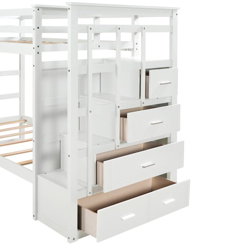 Wood Twin Over Twin Bunk Bed with Trundle and Staircase