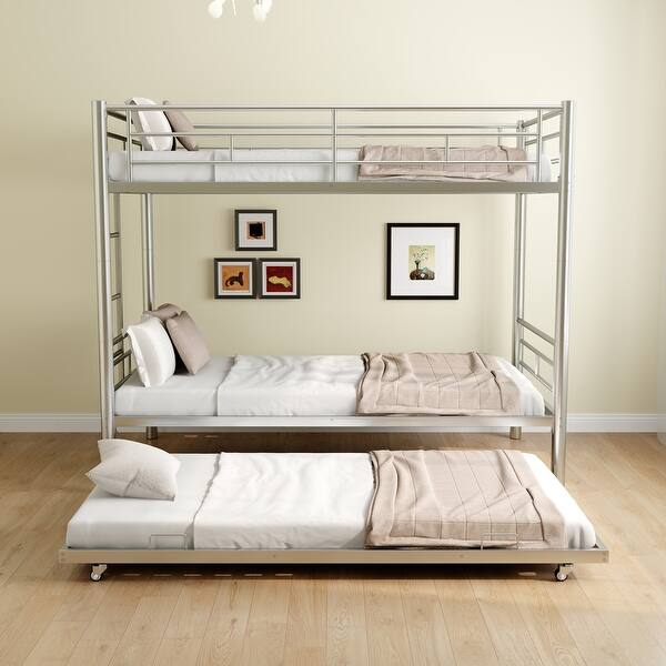 slide 2 of 15, Gray+Silver Twin over Twin Metal Bunk Bed with Noise-Reducing Guardrail Gray+Silver