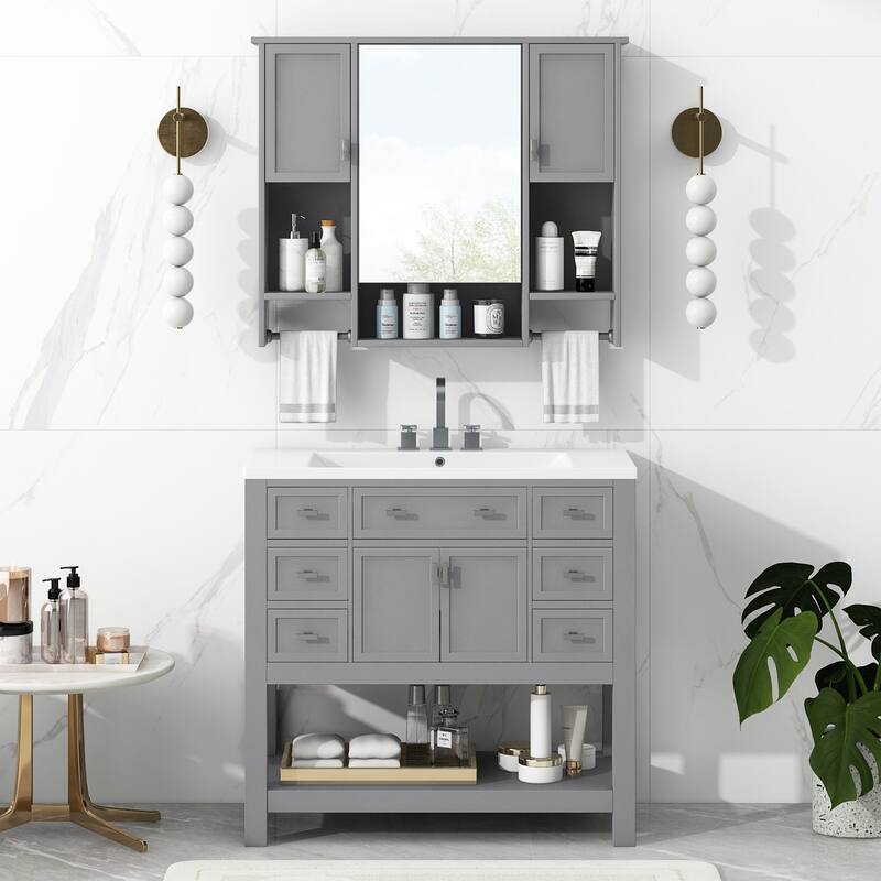 Roomfitters 36" Vanity with Sink, Mirror Cabinet and Towel Bar, Storage Unit with 6 Drawers and 2 Doors, Modern Design