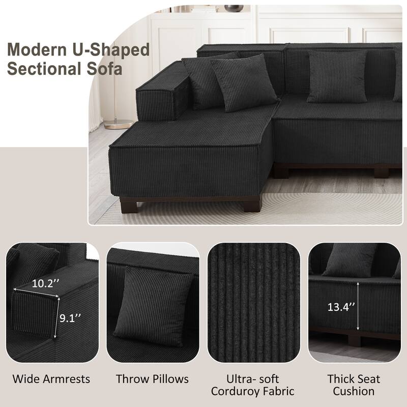 Roomfitters 130 Inch Modern U-Shaped Sectional Sofa with RGB LED Lights and 6 Pillows, Corduroy