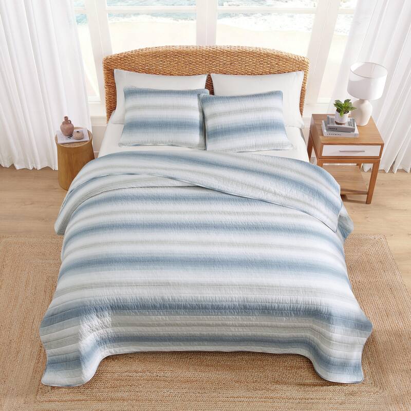 Tommy Bahama Prima Island Stripe Blue Cotton Reversible Quilt Set