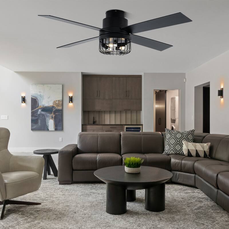 CurveCurio 52'' Modern Black Industrial Ceiling Fan Flush Mount w Remote Control, 4 Wooden Blades w Caged Lights for Living Room