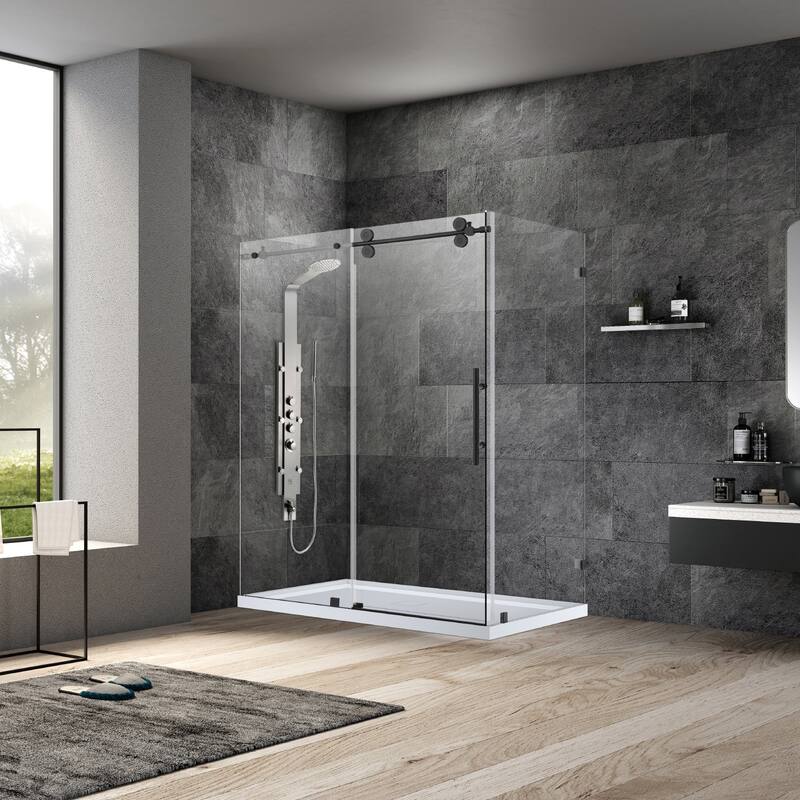 Villena 68" W x 78" H Single Sliding Shower Enclosure,Matt Black - 68 inches
