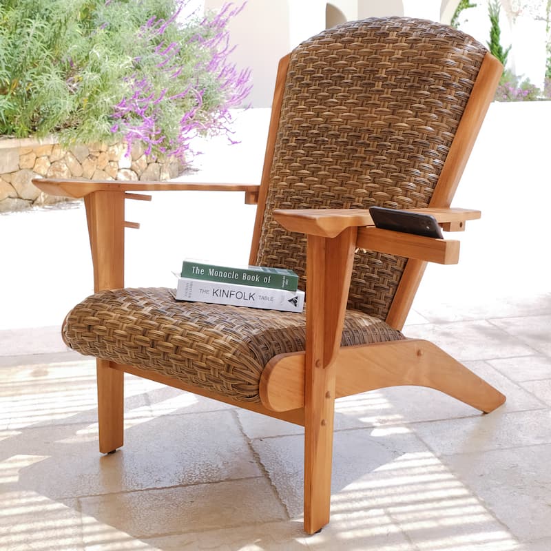 Cambridge Casual Camden Teak Outdoor Adirondack Chair with Padded Woven Seat and FREE Patio Cover - Natural Teak/Brown Wicker