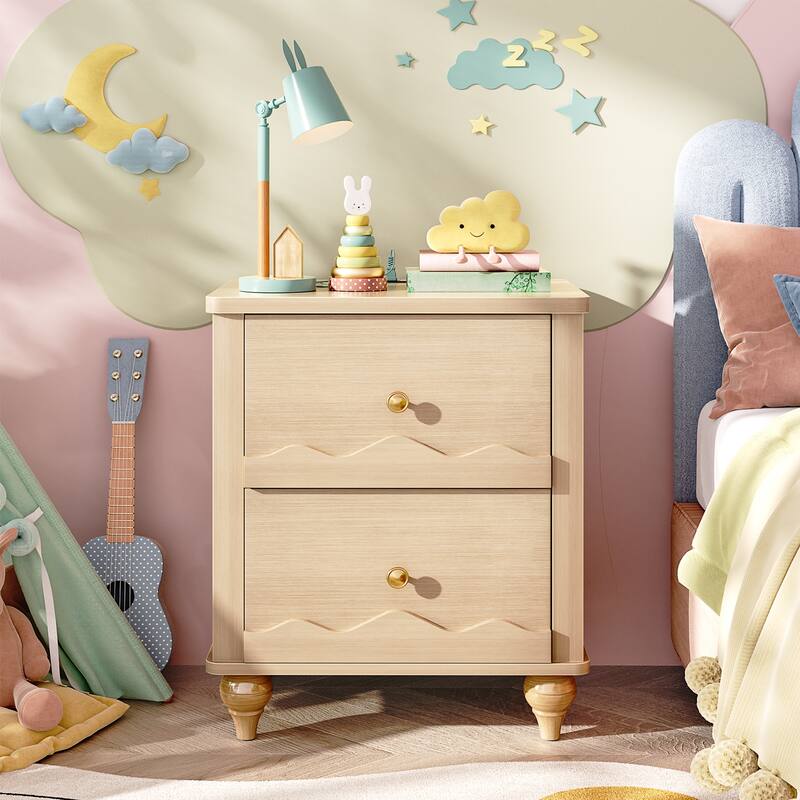 Modern Nightstand with Charging Station, Side End Table with 2 Drawers