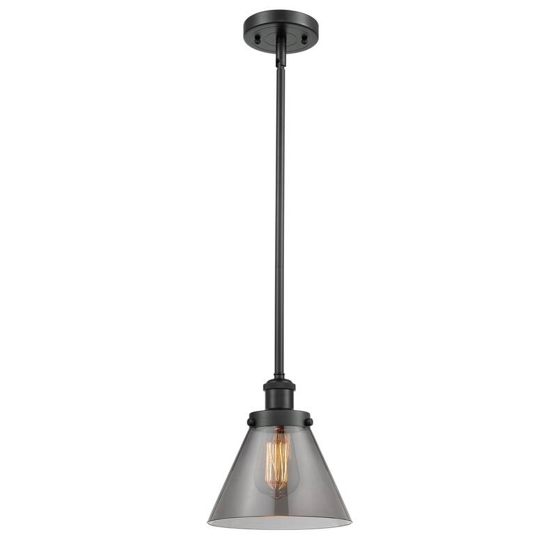 Innovations Lighting Large Cone 8" Wide Mini Pendant - Rod Hung - Matte Black / Plated Smoke