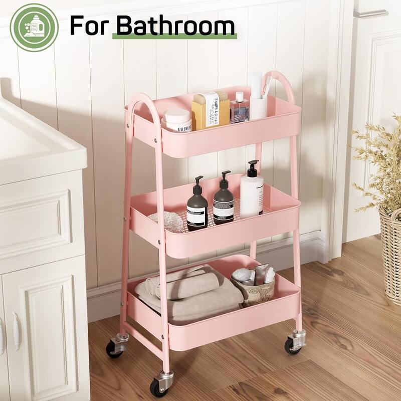 3 Tier Utility Rolling Cart, Metal Storage Cart, Storage Organizer Trolley for Kitchen, Living Room, Office, Garage