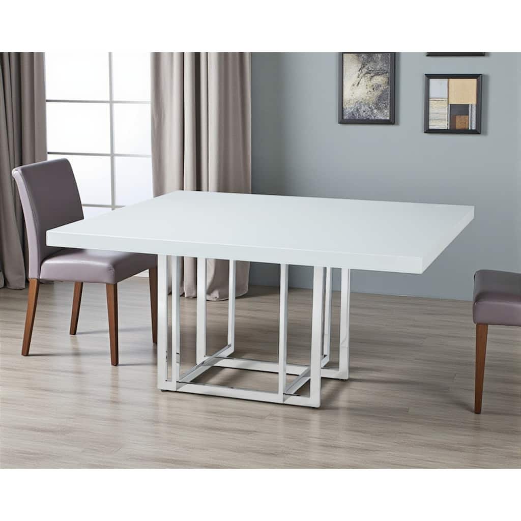 HomeRoots 59" White and Silver Wood and Metal Pedestal Base Square Dining Table - 59.00 in. x 30.00 in. x 59.00 in.