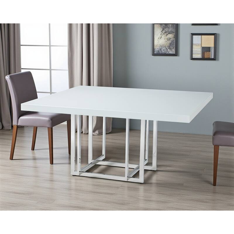 HomeRoots 59" White and Silver Wood and Metal Pedestal Base Square Dining Table - 59.00 in. x 30.00 in. x 59.00 in. - White - 59.00 in. x 30.00 in. x 59.00 in.