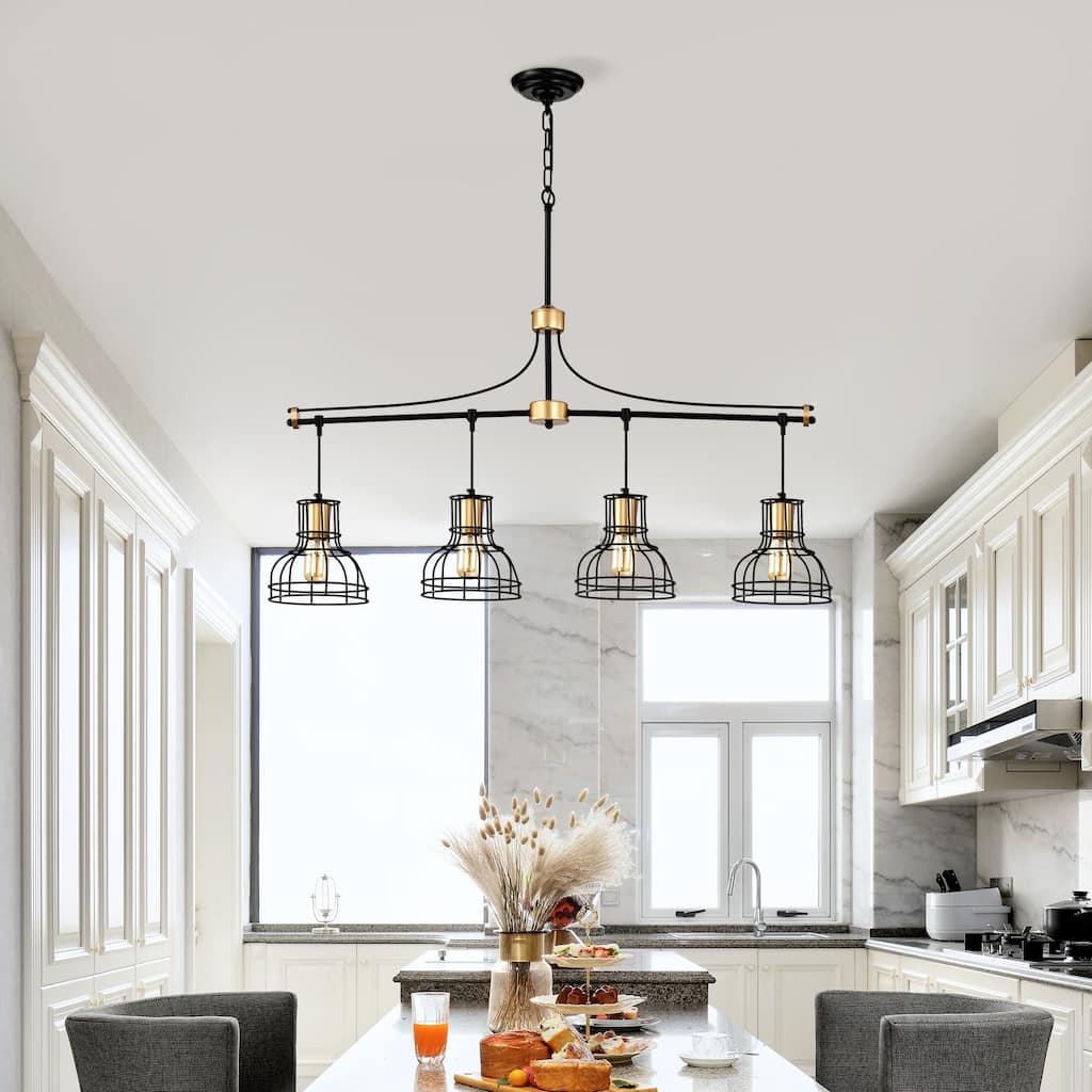 Farmhouse Linear Chandelier 4-Light Matte Black Ceiling Light Fixture with Metal Lampshade, for Dining Room, kitchen Island