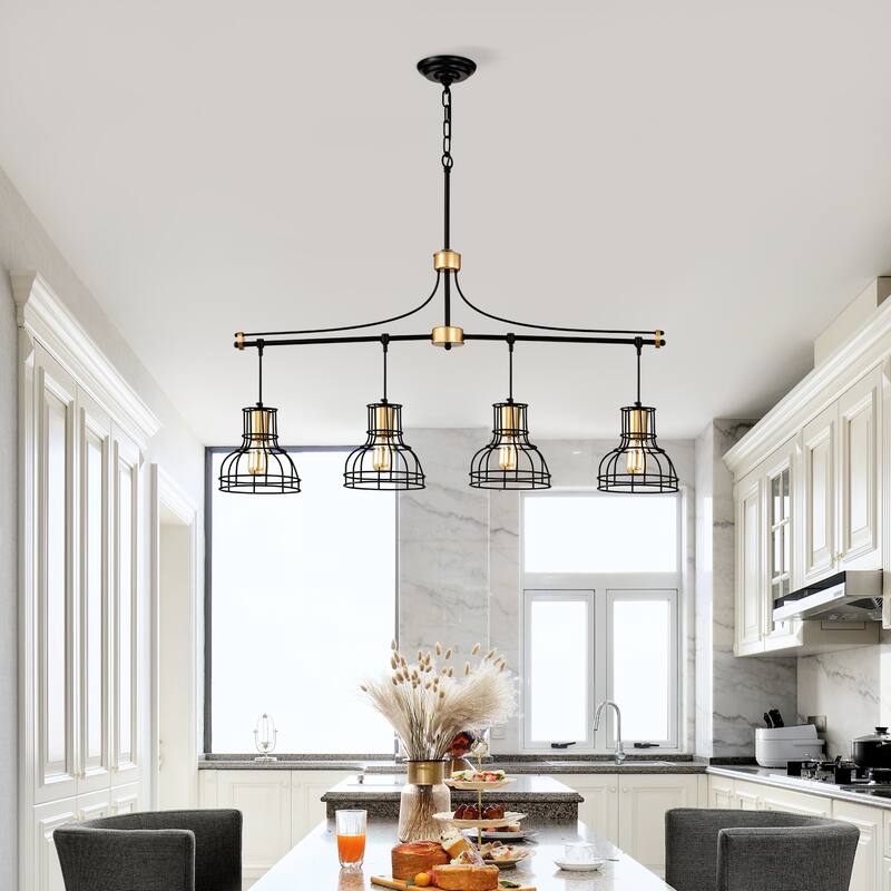 Farmhouse Linear Chandelier 4-Light Matte Black Ceiling Light Fixture with Metal Lampshade, for Dining Room, kitchen Island - Gold