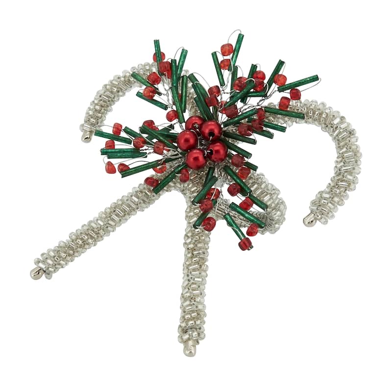 Festive Flair Beaded Candy Cane Napkin Ring (Set of 4) - Silver - Set of 4