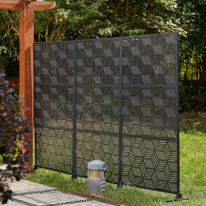 Glitzhome 6ft Galvanized Floral Patterned 3-Panel Privacy Screen Room Divider Fences