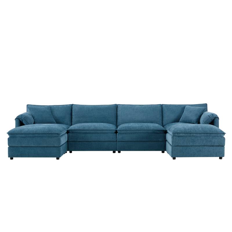 136" U-Shaped Chenille Sectional Sofa with 6-Seat Cloud Couch and Dual Ottomans & Pocket Springs (330lb Capacity)
